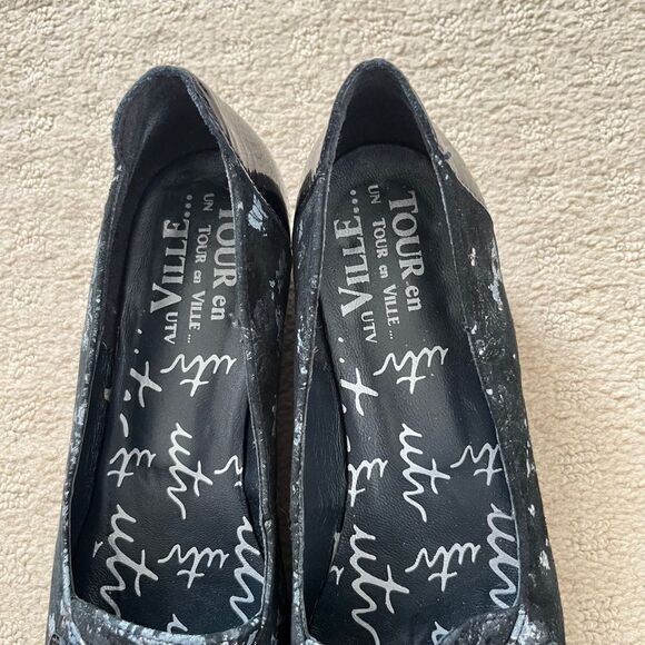 UTV‎ Un Tour en Ville Black Silver Floral Pattern Fringe Buckle Square Toe Shoes - Picture 7 of 14